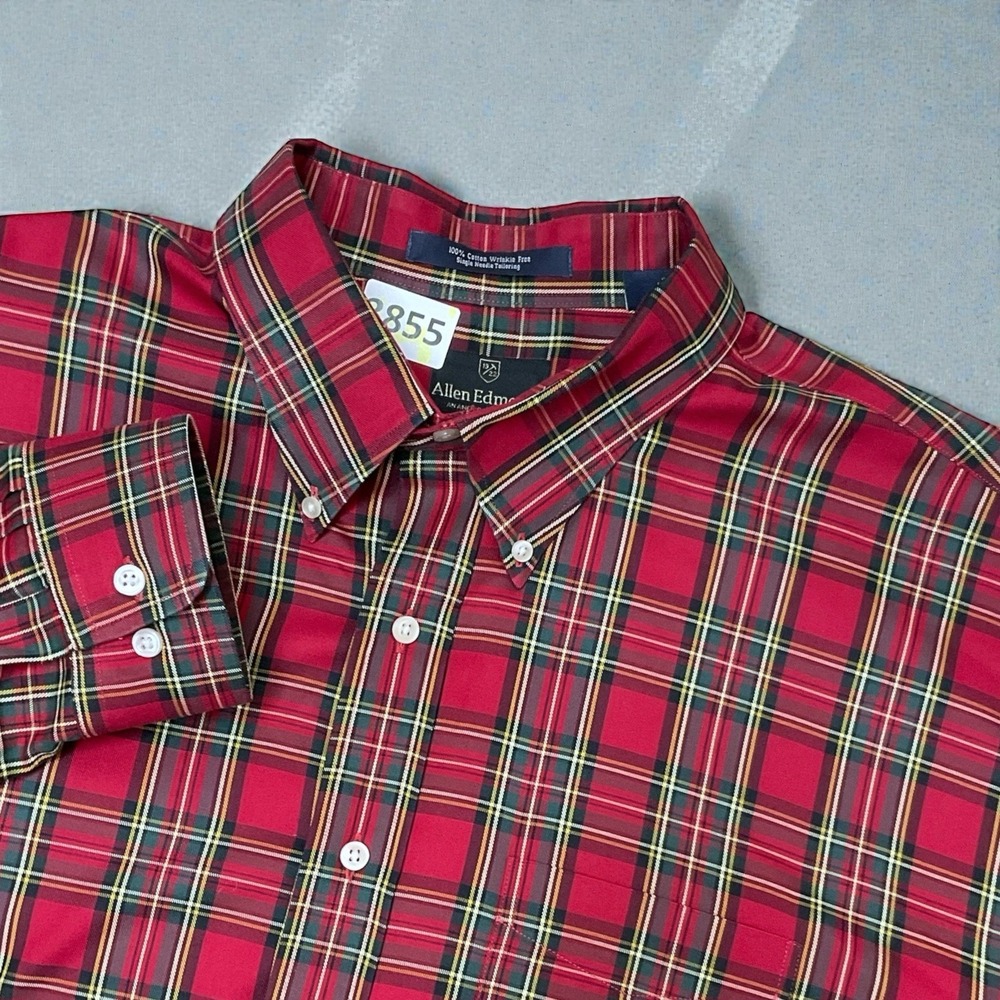 Allen Edmonds Men's 2XL Red Green TartanPlaid‎ Button Up Dress Shirt Long Sleeve